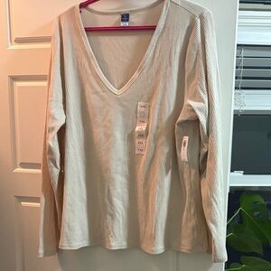 Old Navy Cream Ribbed V-Neck Long Sleeve Top